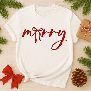 🎄✨ Merry Bow Script Christmas Tee – Holiday Graphic T-Shirt ✨🎄